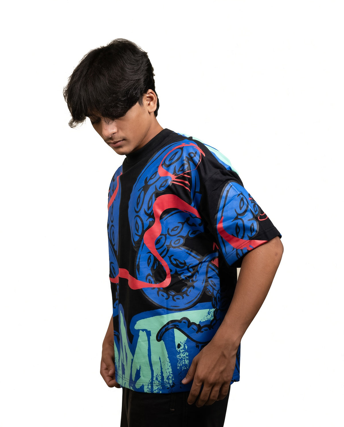 "Octopus" OVERSIZED GRAPHIC TEE – BLACK & BLUE PANEL STREETWEAR T-SHIRT