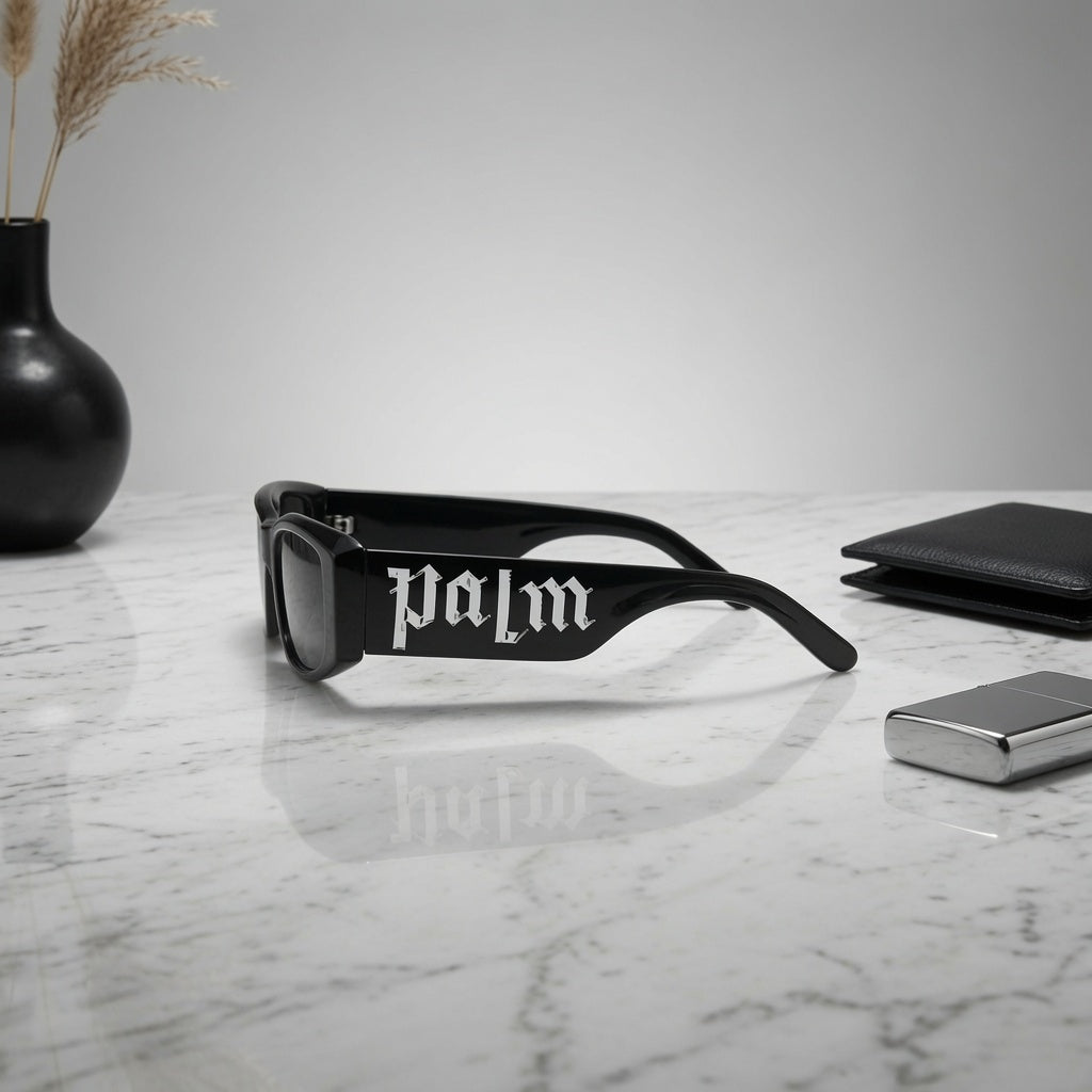 Palm Angels Inspired Gothic-Lettering Rectangle Sunglasses - Black
