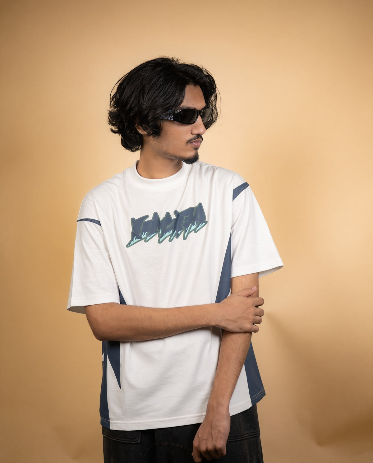 "SOL" Oversized Graphic Tee – White & Navy Panel Streetwear T-Shirt