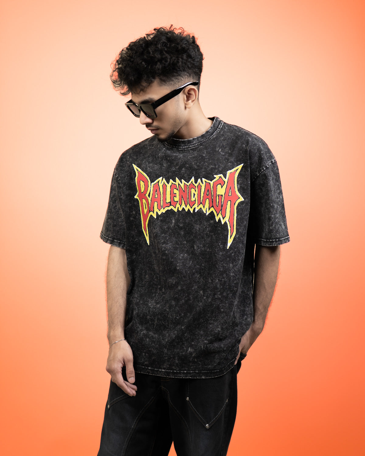 ''BALENCIAGA'' Oversized Heavyweight Drop Shoulder T-Shirt In Acid Wash Black.