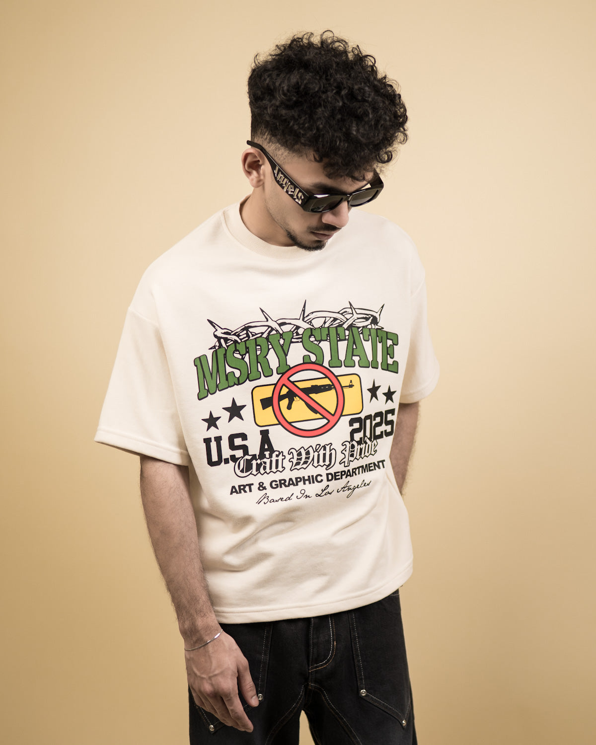 ''MSRY STATE'' Oversized Heavyweight Drop Shoulder T-Shirt In Cream.