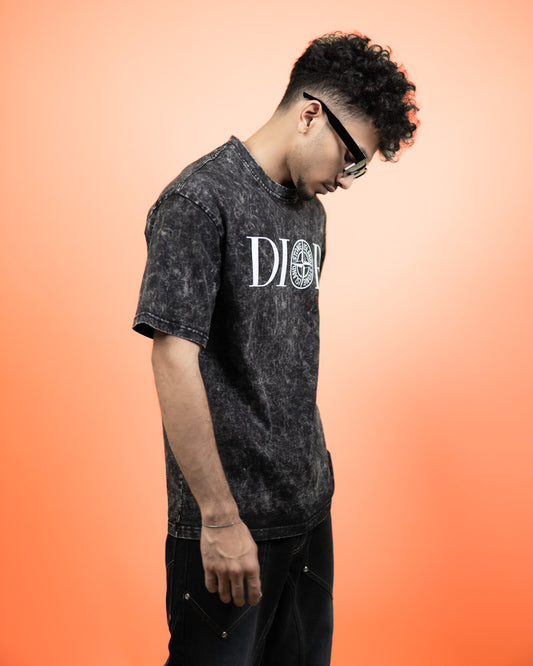 ''DIOR'' Oversized Heavyweight Drop Shoulder T-Shirt In Acid Wash Black.