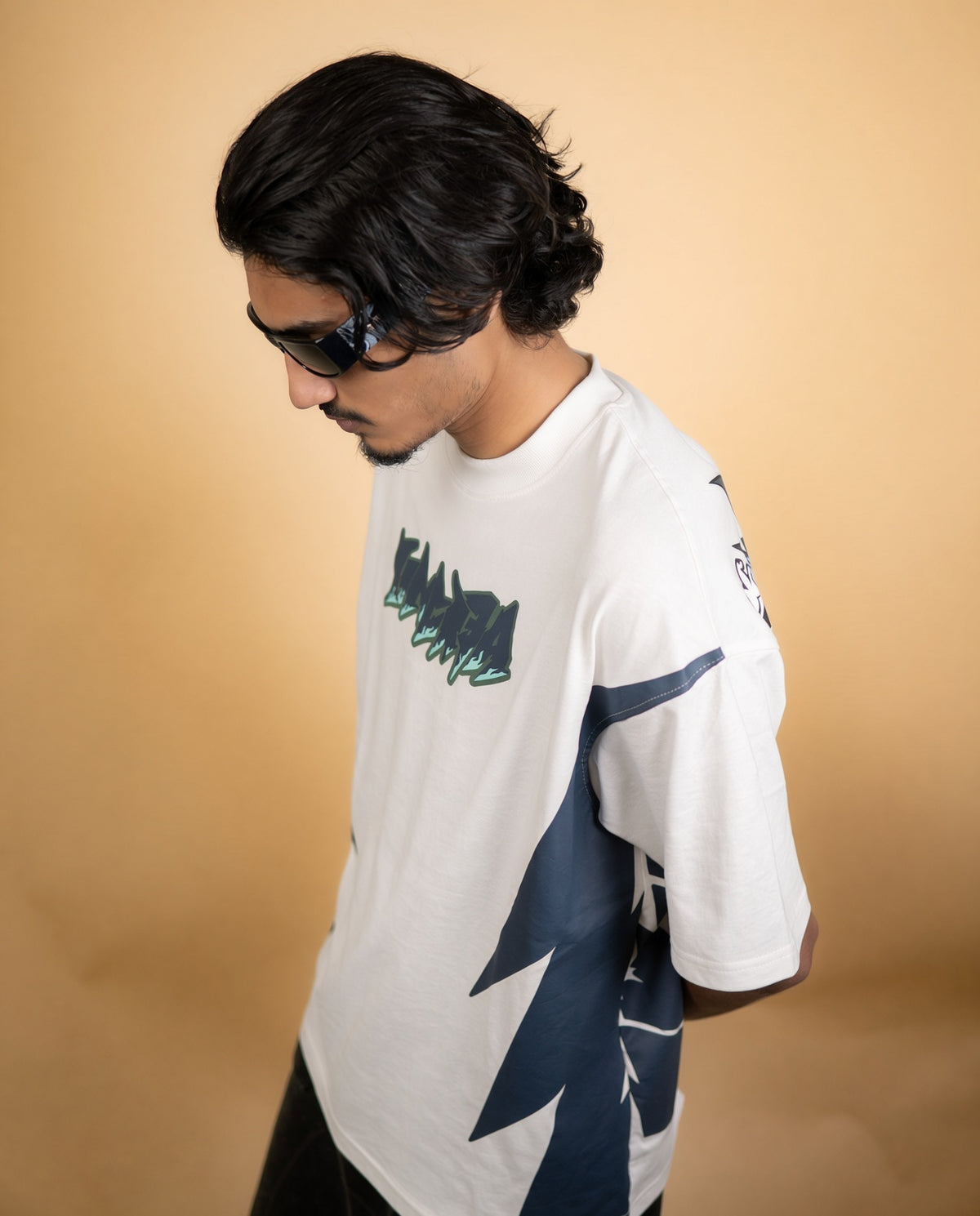 "SOL" Oversized Graphic Tee – White & Navy Panel Streetwear T-Shirt