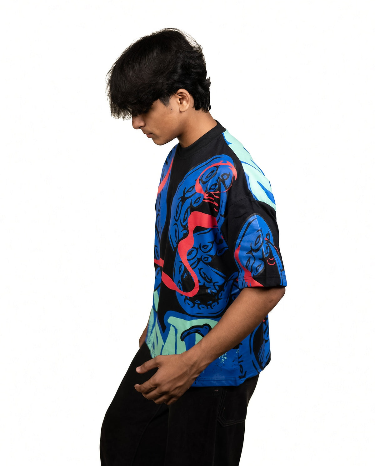 "Octopus" OVERSIZED GRAPHIC TEE – BLACK & BLUE PANEL STREETWEAR T-SHIRT