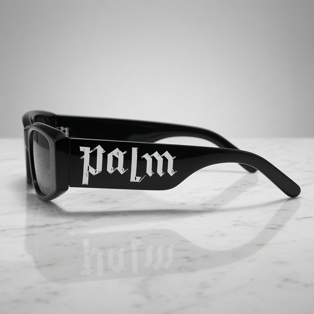 Palm Angels Inspired Gothic-Lettering Rectangle Sunglasses - Black