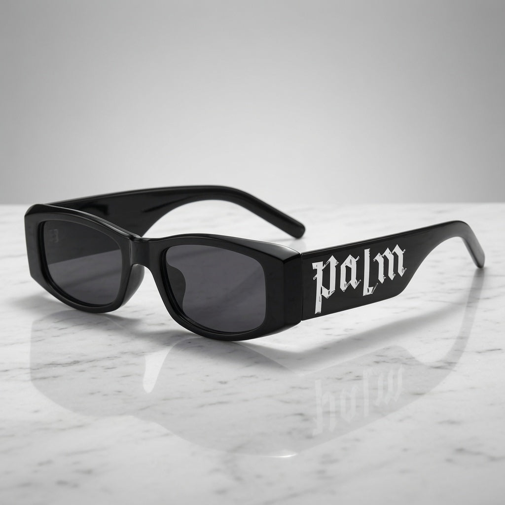 Palm Angels Inspired Gothic-Lettering Rectangle Sunglasses - Black
