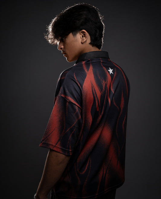 AGUN — Premium Streetwear Flame Print Collared Jersey