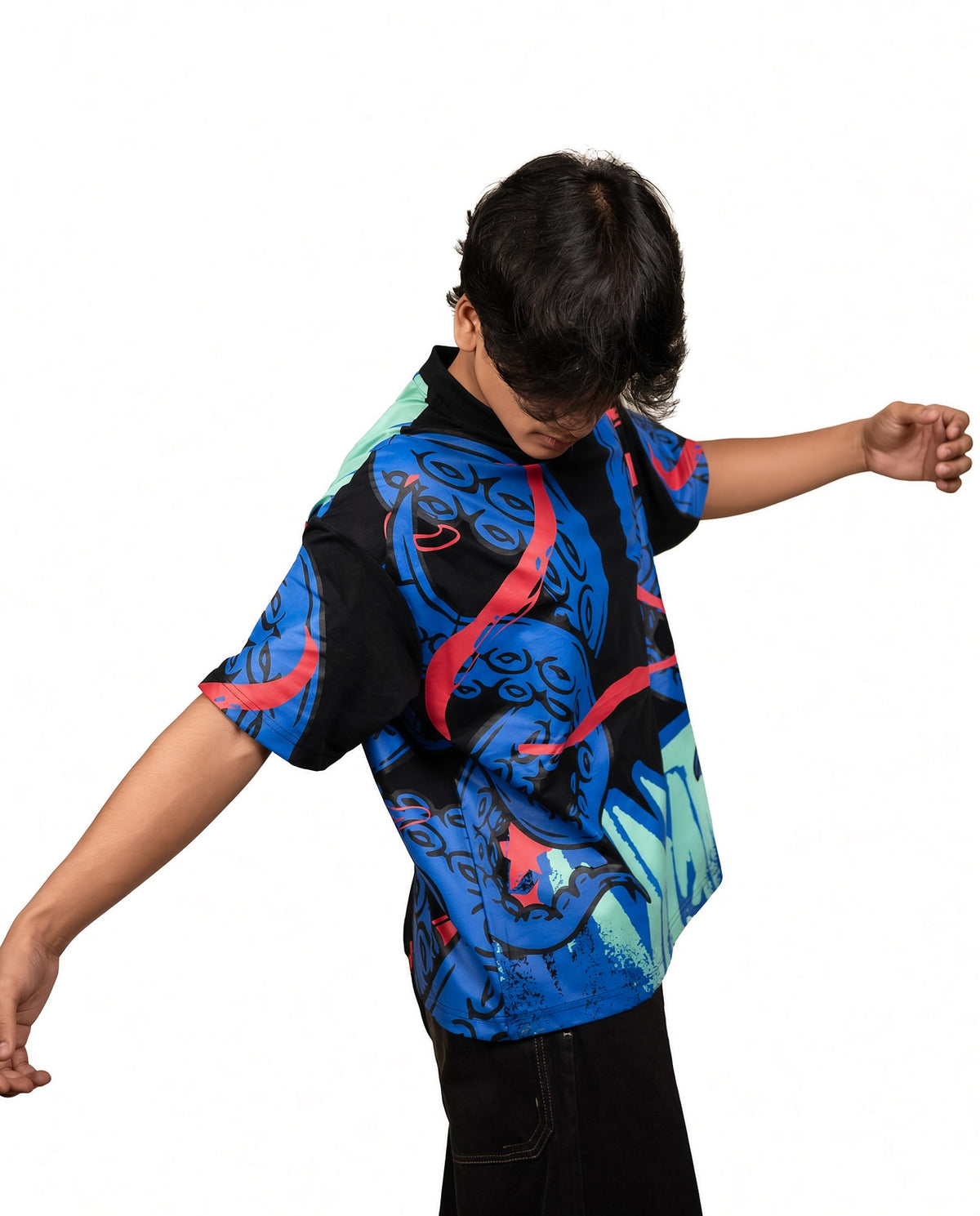 "Octopus" OVERSIZED GRAPHIC TEE – BLACK & BLUE PANEL STREETWEAR T-SHIRT