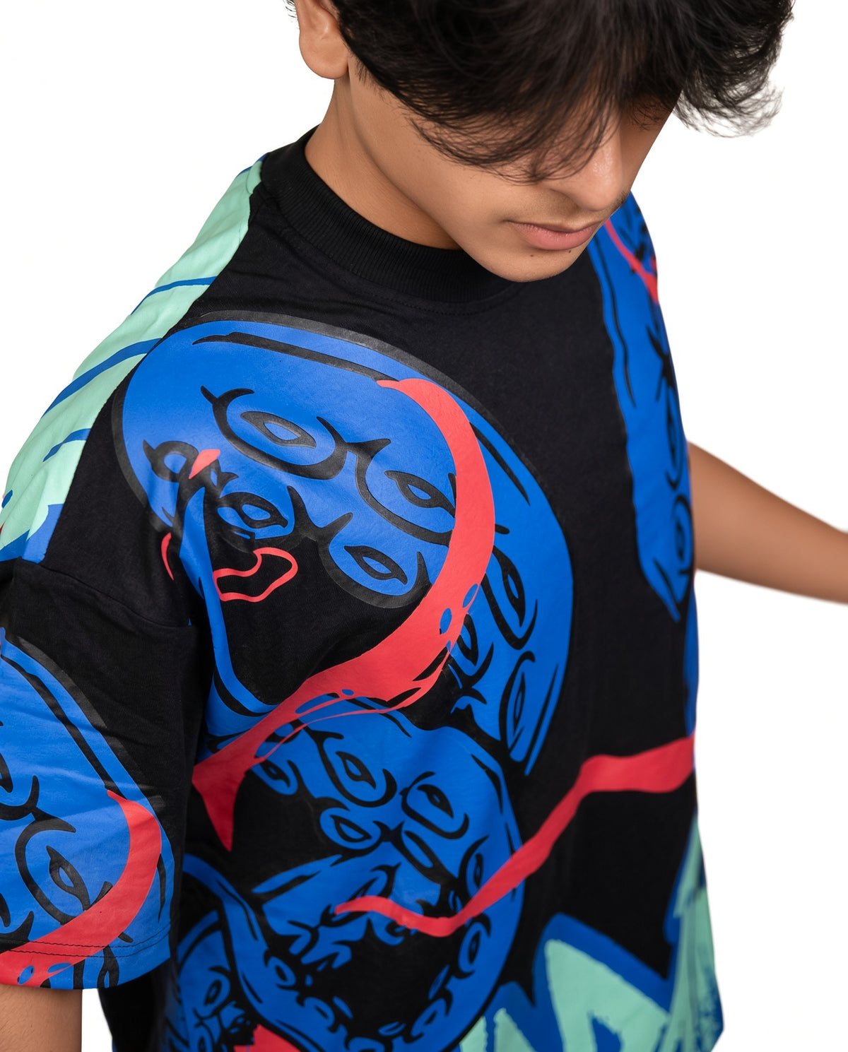 "Octopus" OVERSIZED GRAPHIC TEE – BLACK & BLUE PANEL STREETWEAR T-SHIRT
