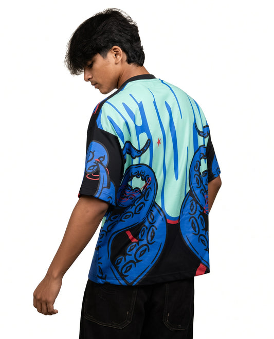 "Octopus" OVERSIZED GRAPHIC TEE – BLACK & BLUE PANEL STREETWEAR T-SHIRT