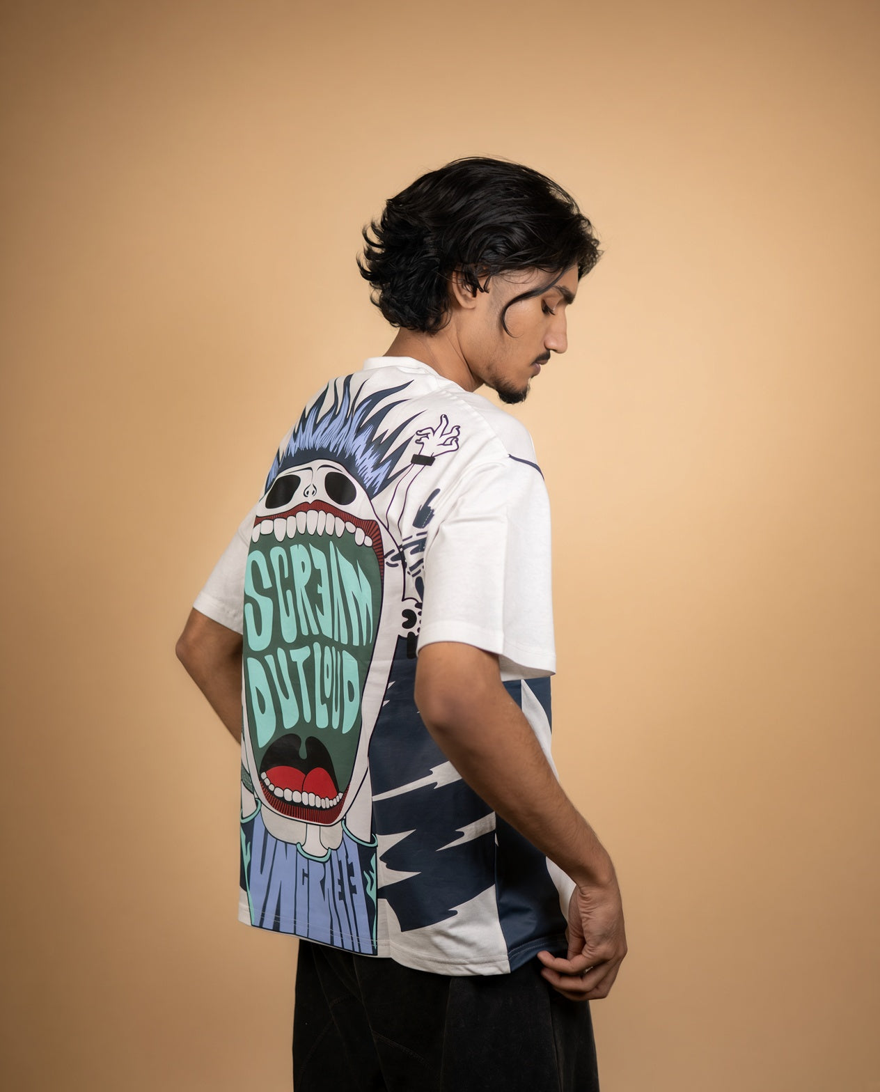 "SOL" Oversized Graphic Tee – White & Navy Panel Streetwear T-Shirt