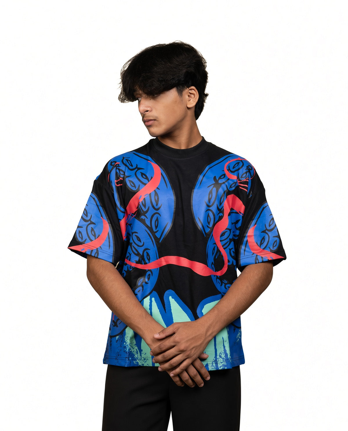 "Octopus" OVERSIZED GRAPHIC TEE – BLACK & BLUE PANEL STREETWEAR T-SHIRT