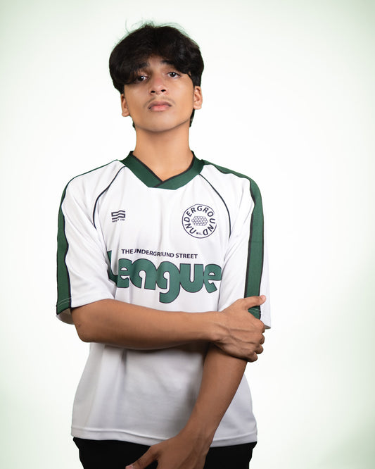 [GREEN] UNDERGROUND LEAGUE PREMIUM JERSEY TEE IN WHITE.