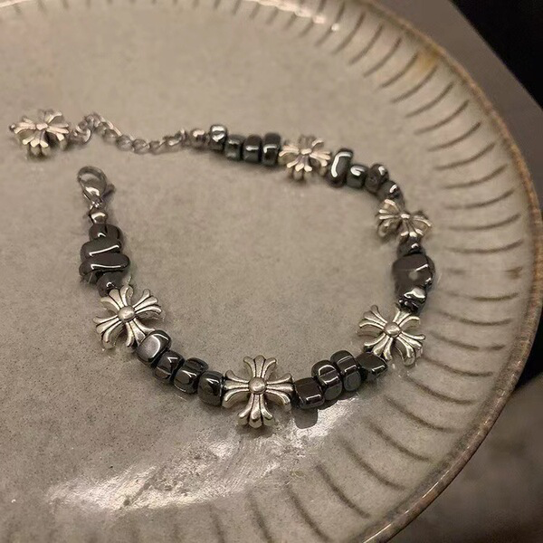 Retro Silver Floral Cross & Hematite Stone Charm Bracelet