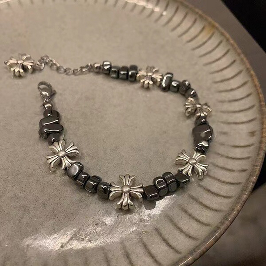 Retro Silver Floral Cross & Hematite Stone Charm Bracelet