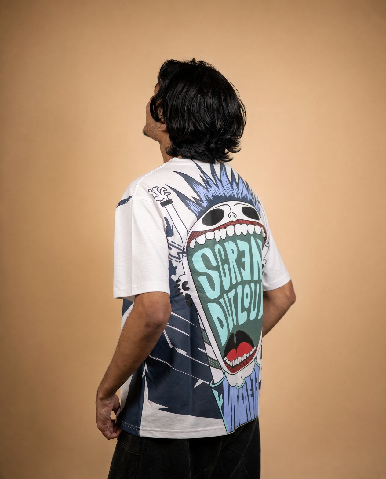 "SOL" Oversized Graphic Tee – White & Navy Panel Streetwear T-Shirt