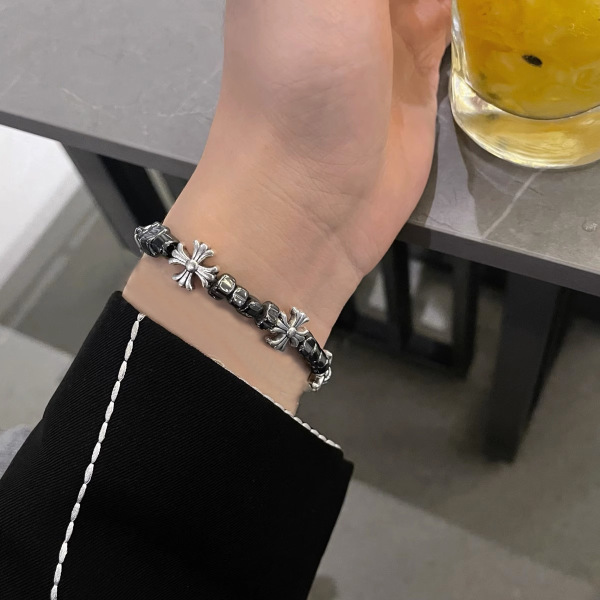 Retro Silver Floral Cross & Hematite Stone Charm Bracelet
