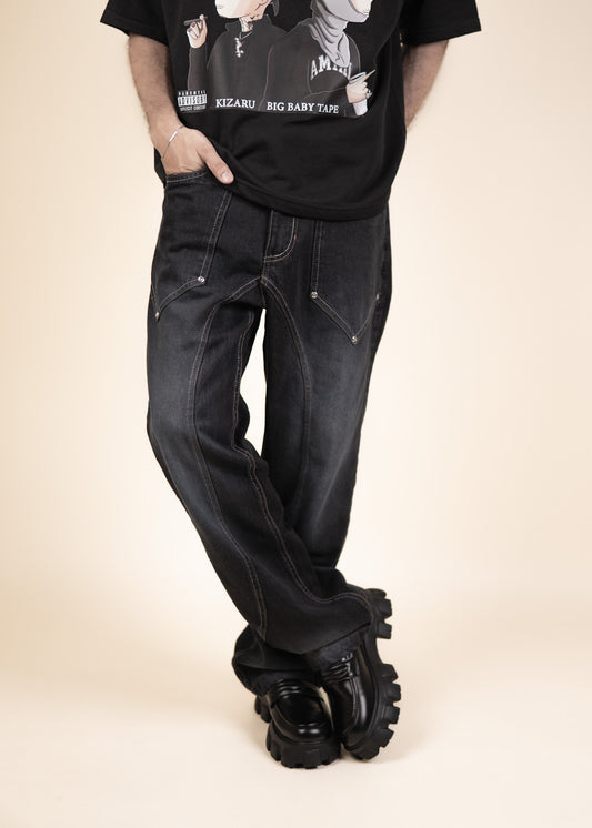 "RETRO FADE JEANS: Deep Indigo Geometric Baggy Denim"
