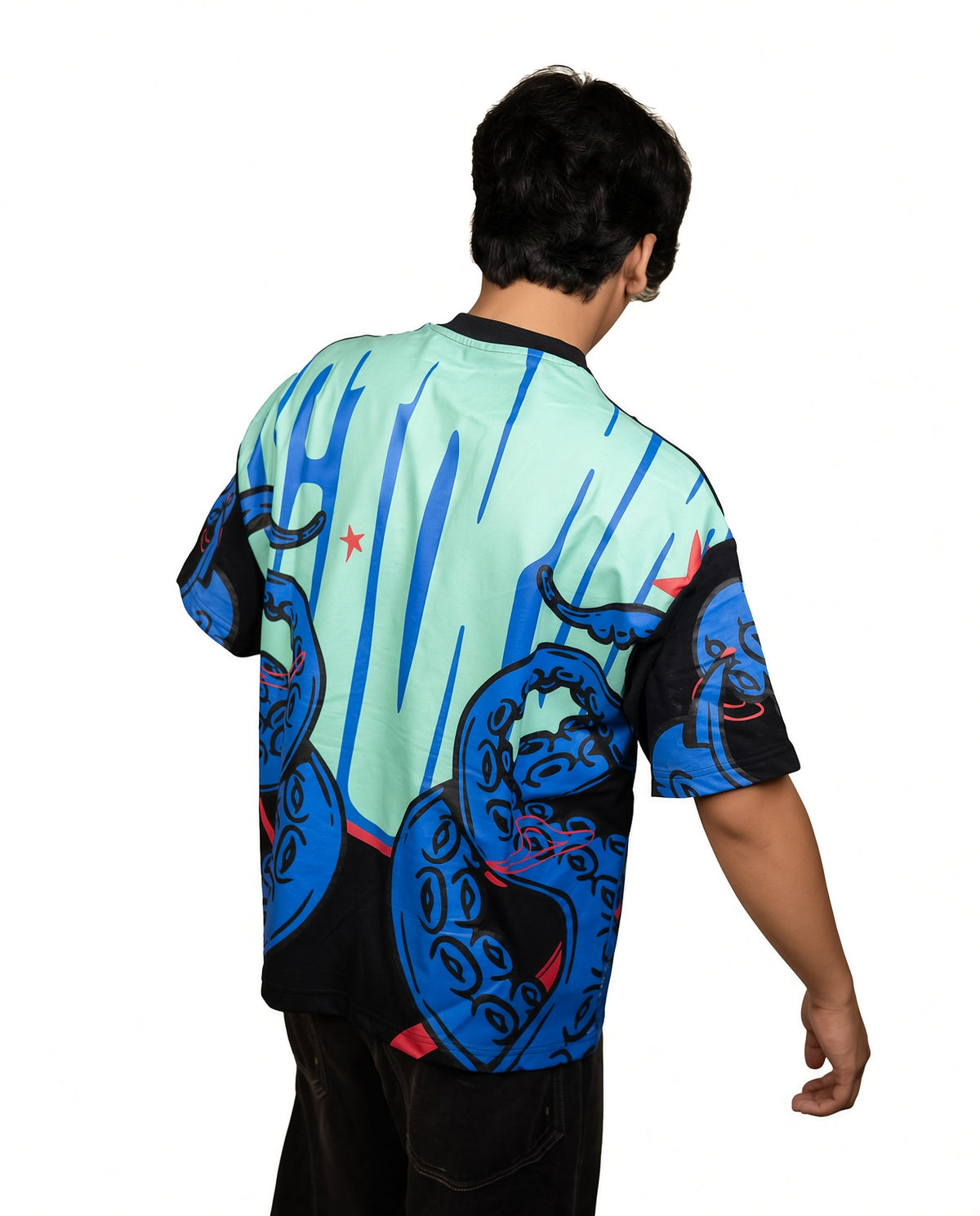 "Octopus" OVERSIZED GRAPHIC TEE – BLACK & BLUE PANEL STREETWEAR T-SHIRT