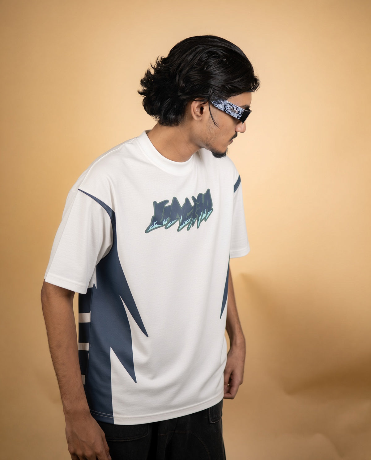 "SOL" Oversized Graphic Tee – White & Navy Panel Streetwear T-Shirt