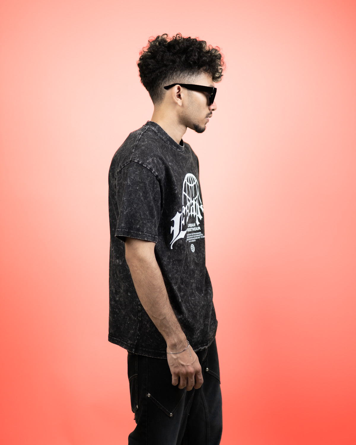 ''ESCAPE'' Oversized Heavyweight Drop Shoulder T-Shirt In Acid Wash Black.