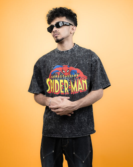 ''SPIDERMAN'' Oversized Heavyweight Drop Shoulder T-Shirt In Acid Wash Black.