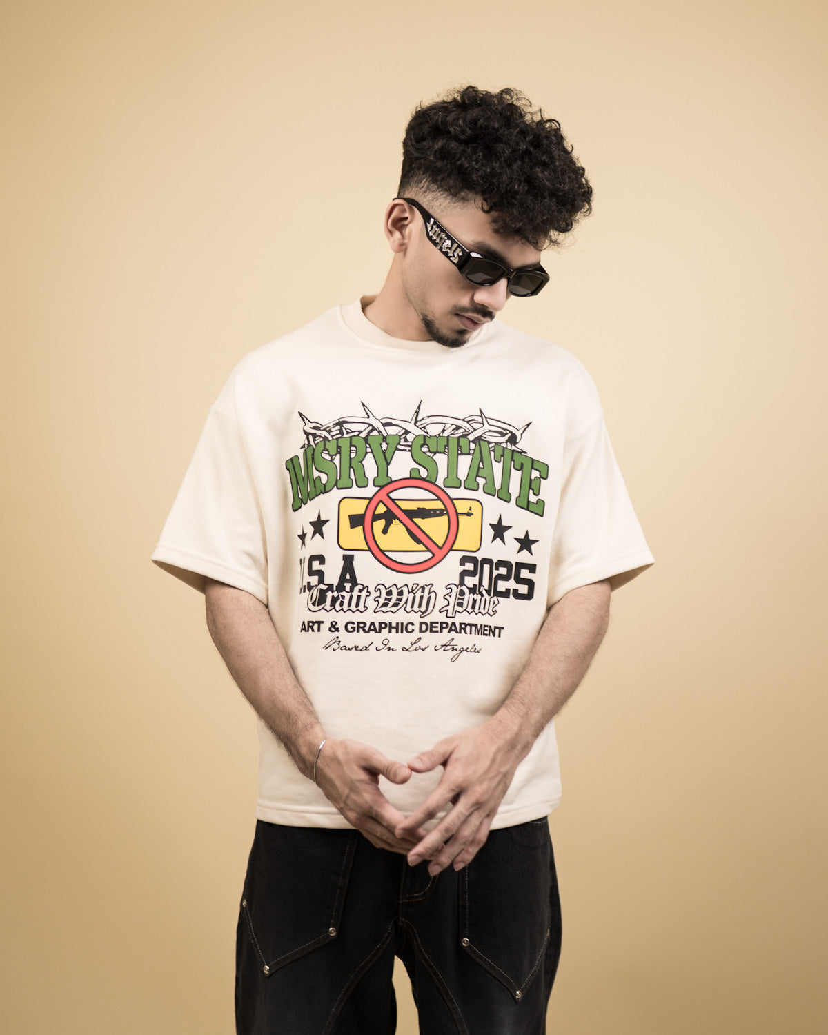 ''MSRY STATE'' Oversized Heavyweight Drop Shoulder T-Shirt In Cream.