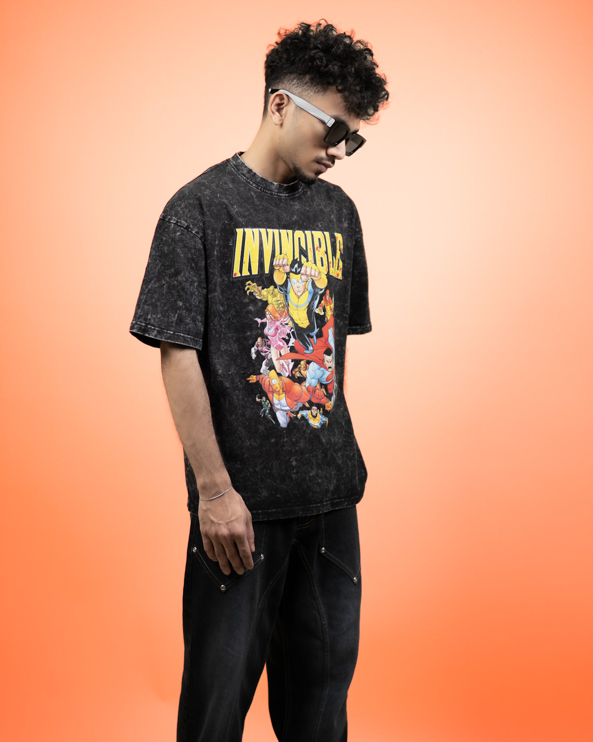 ''INVINCIBLE'' Oversized Heavyweight Drop Shoulder T-Shirt In Acid Wash Black.