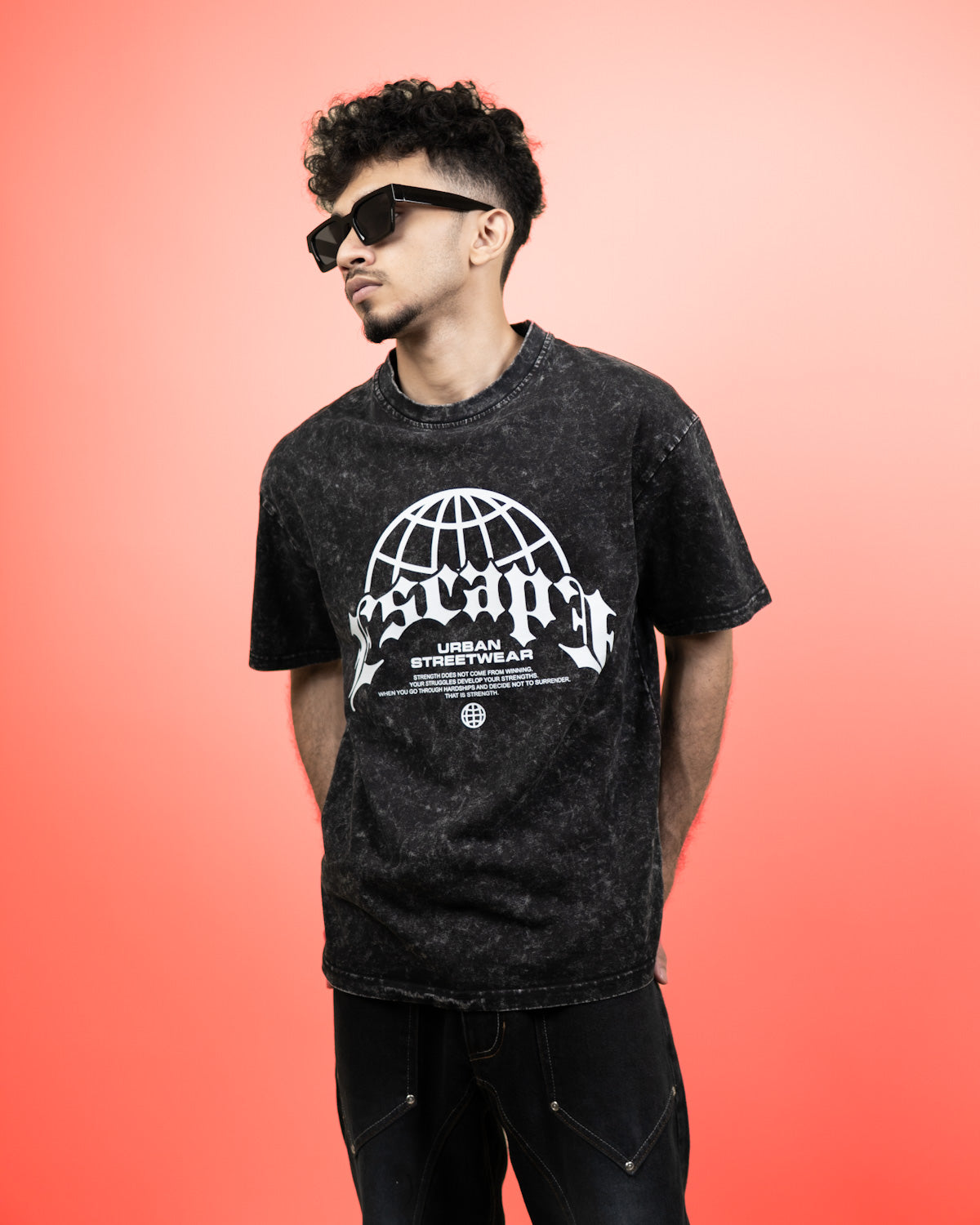 ''ESCAPE'' Oversized Heavyweight Drop Shoulder T-Shirt In Acid Wash Black.