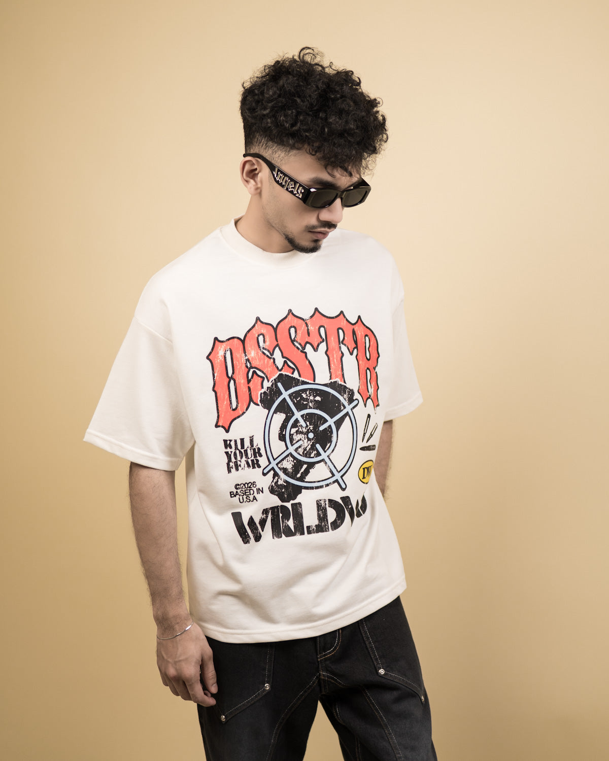 ''BSSTR'' Oversized Heavyweight Drop Shoulder T-Shirt In Cream.