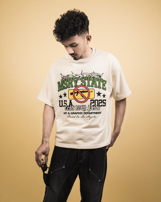 ''MSRY STATE'' Oversized Heavyweight Drop Shoulder T-Shirt In Cream.