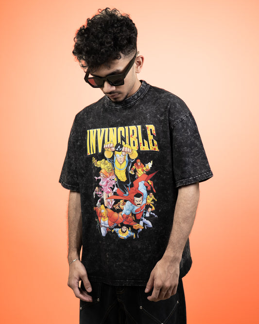 ''INVINCIBLE'' Oversized Heavyweight Drop Shoulder T-Shirt In Acid Wash Black.