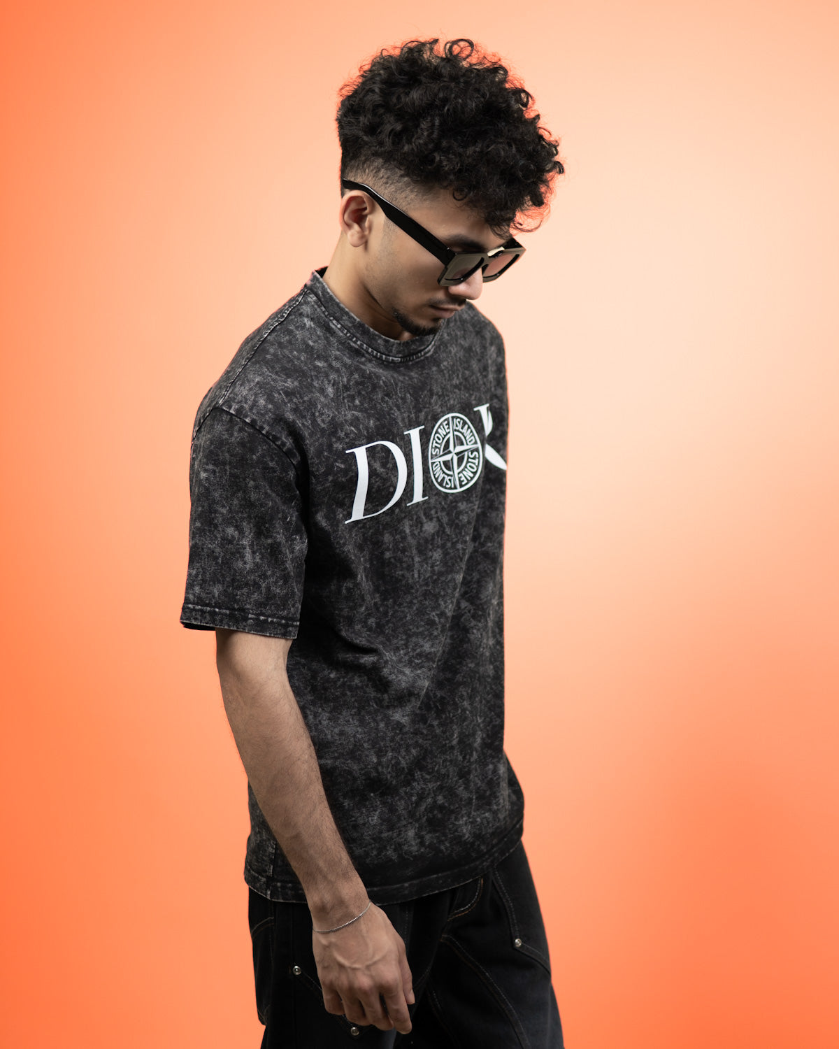 ''DIOR'' Oversized Heavyweight Drop Shoulder T-Shirt In Acid Wash Black.