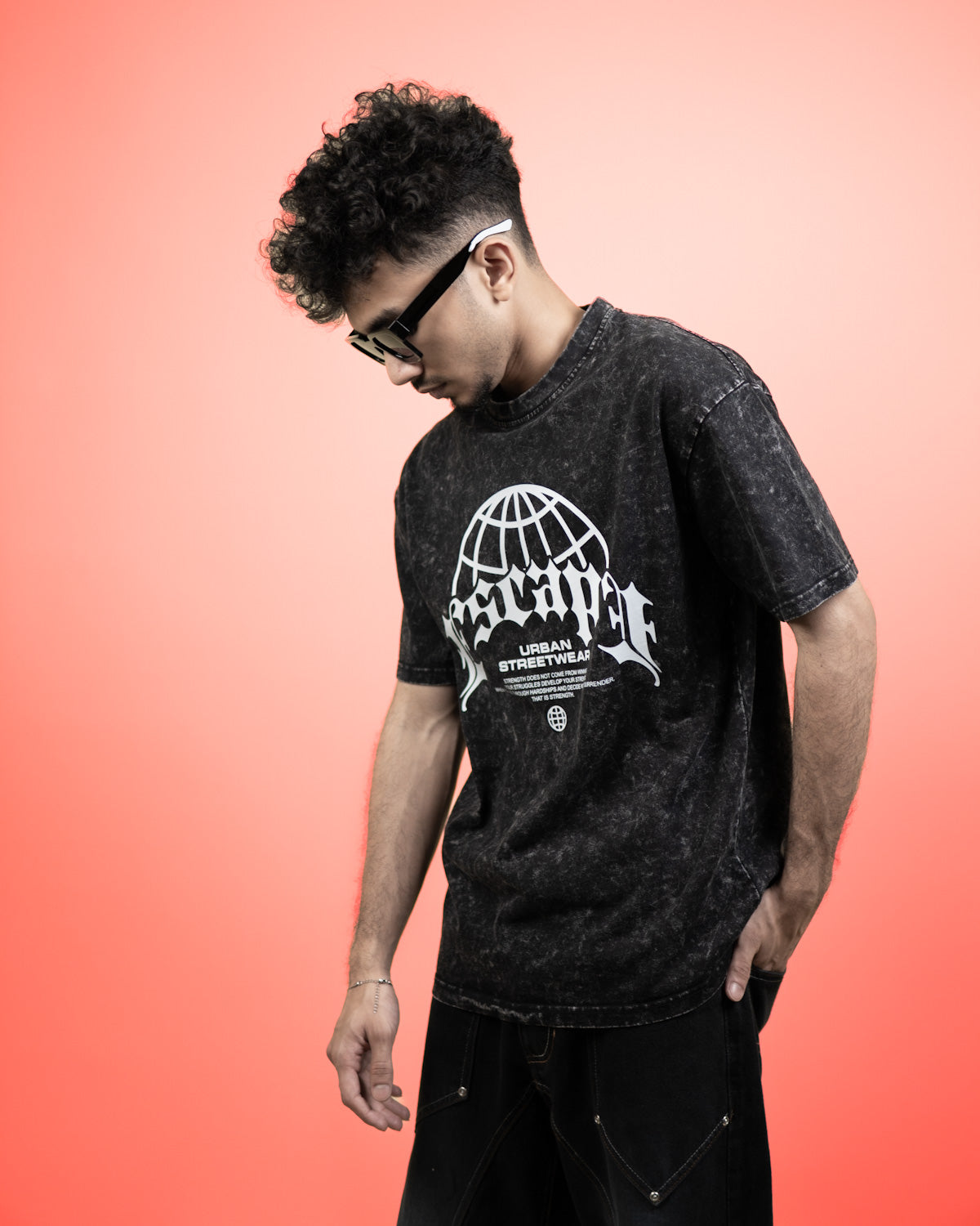 ''ESCAPE'' Oversized Heavyweight Drop Shoulder T-Shirt In Acid Wash Black.