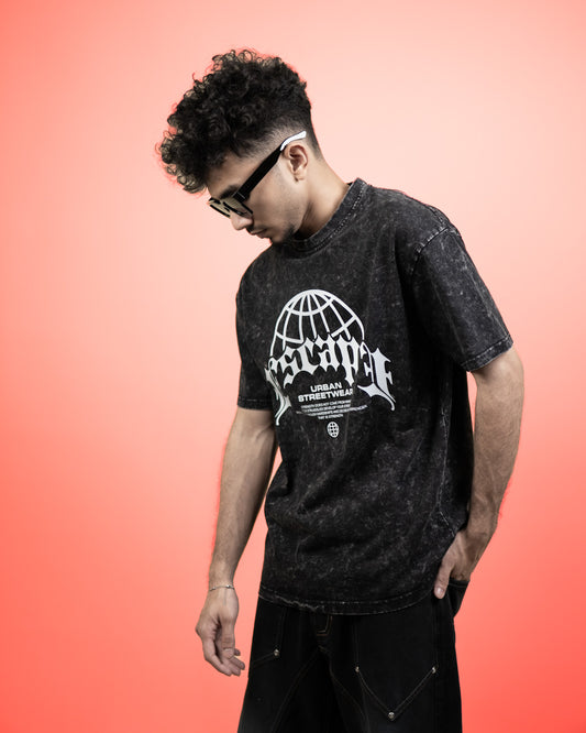 ''ESCAPE'' Oversized Heavyweight Drop Shoulder T-Shirt In Acid Wash Black.