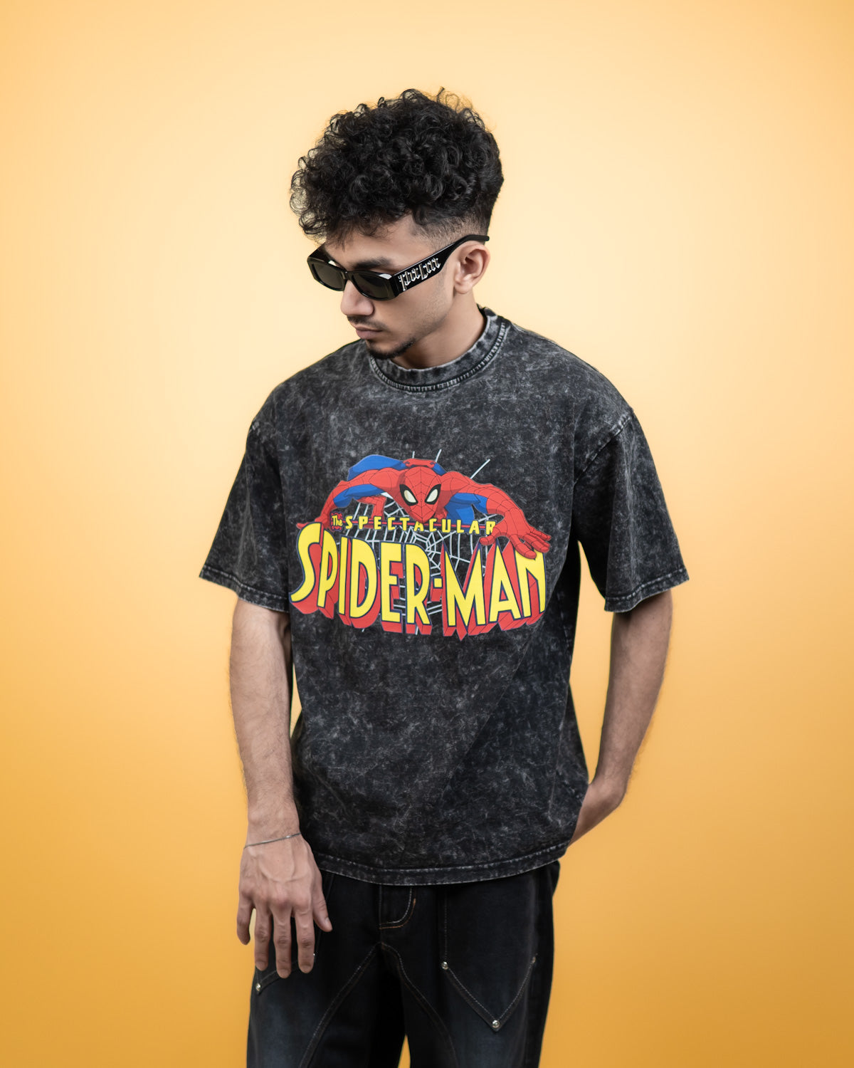 ''SPIDERMAN'' Oversized Heavyweight Drop Shoulder T-Shirt In Acid Wash Black.