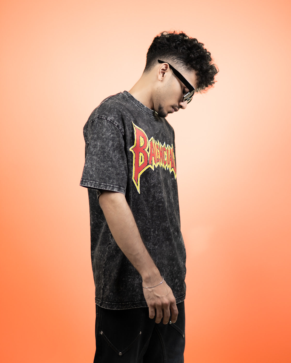 ''BALENCIAGA'' Oversized Heavyweight Drop Shoulder T-Shirt In Acid Wash Black.