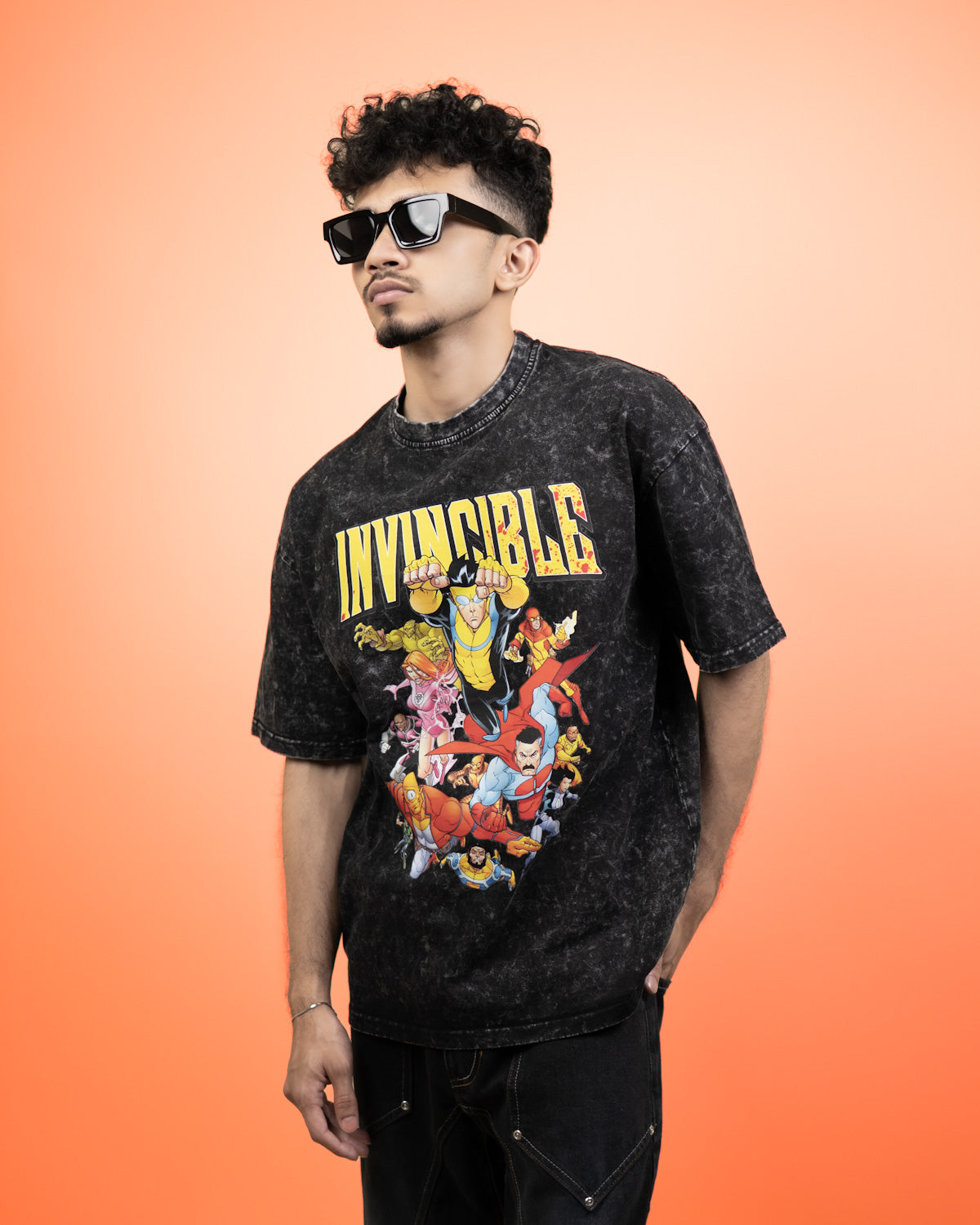 ''INVINCIBLE'' Oversized Heavyweight Drop Shoulder T-Shirt In Acid Wash Black.