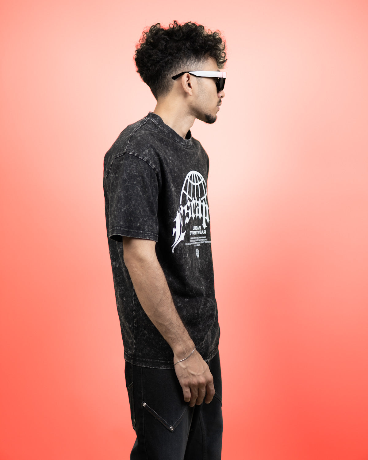 ''ESCAPE'' Oversized Heavyweight Drop Shoulder T-Shirt In Acid Wash Black.