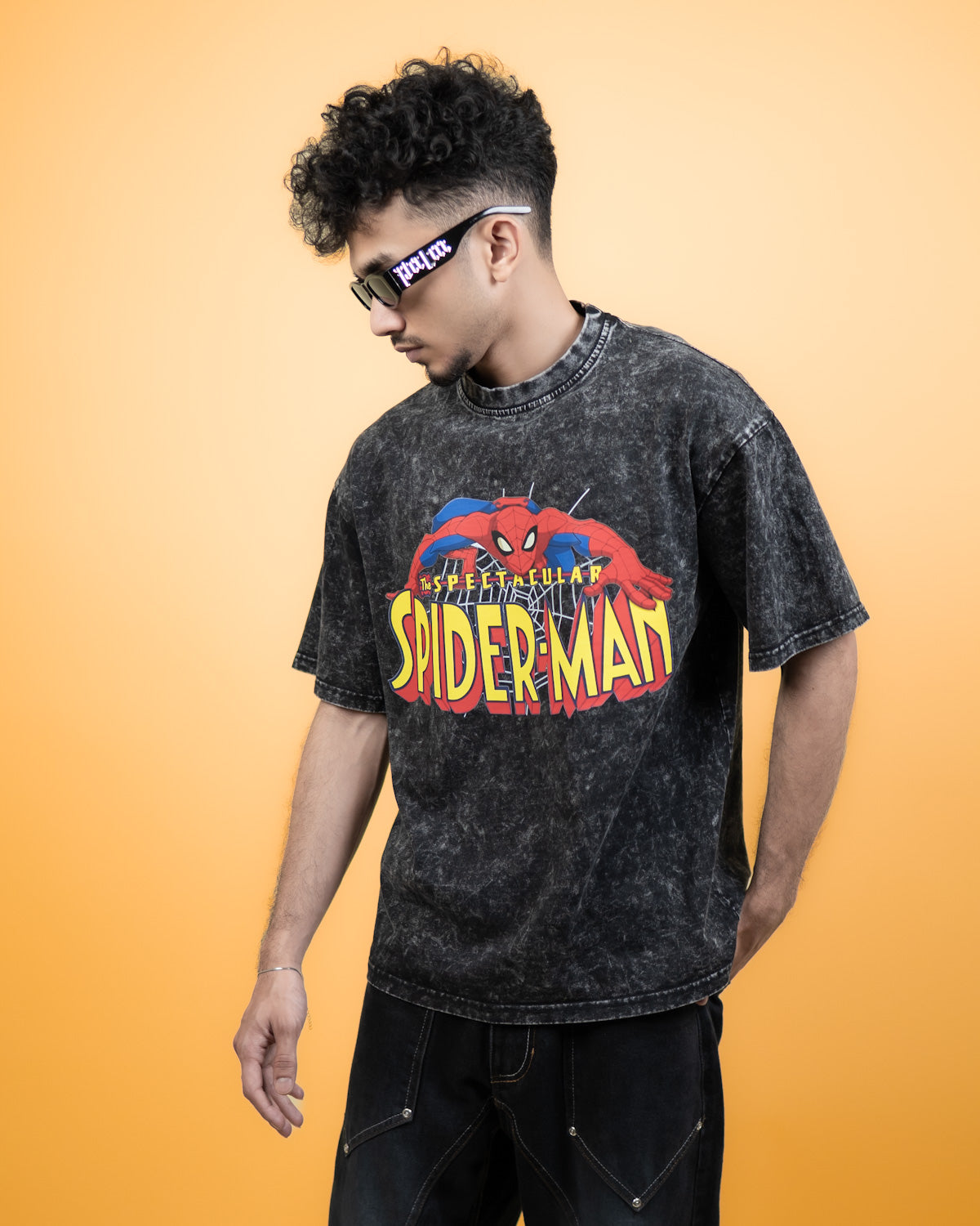 ''SPIDERMAN'' Oversized Heavyweight Drop Shoulder T-Shirt In Acid Wash Black.