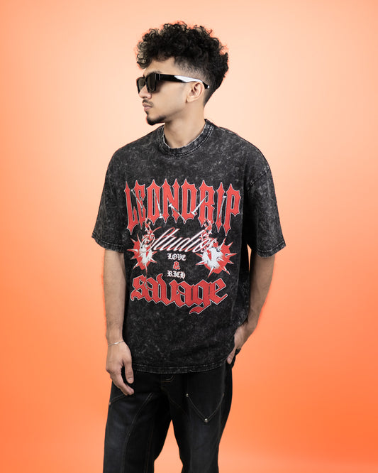 ''LEON DRIP'' Oversized Heavyweight Drop Shoulder T-Shirt In Acid Wash Black.