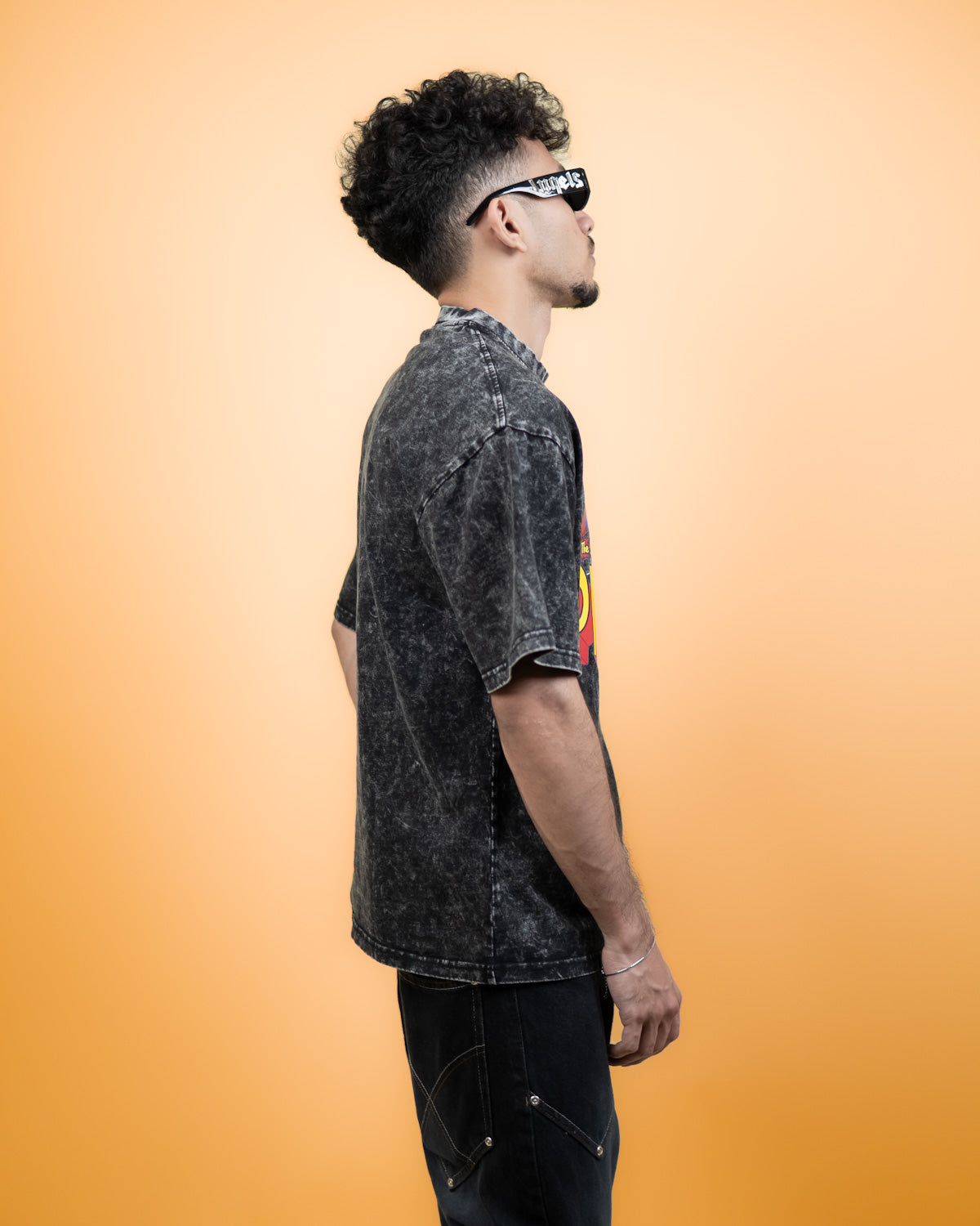 ''SPIDERMAN'' Oversized Heavyweight Drop Shoulder T-Shirt In Acid Wash Black.
