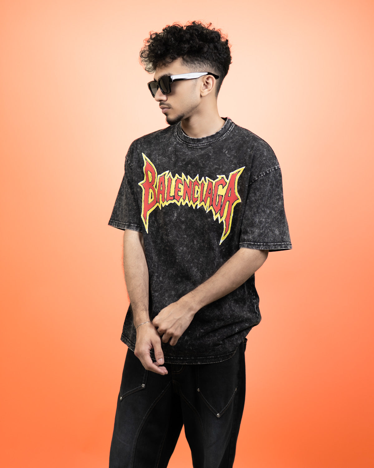 ''BALENCIAGA'' Oversized Heavyweight Drop Shoulder T-Shirt In Acid Wash Black.