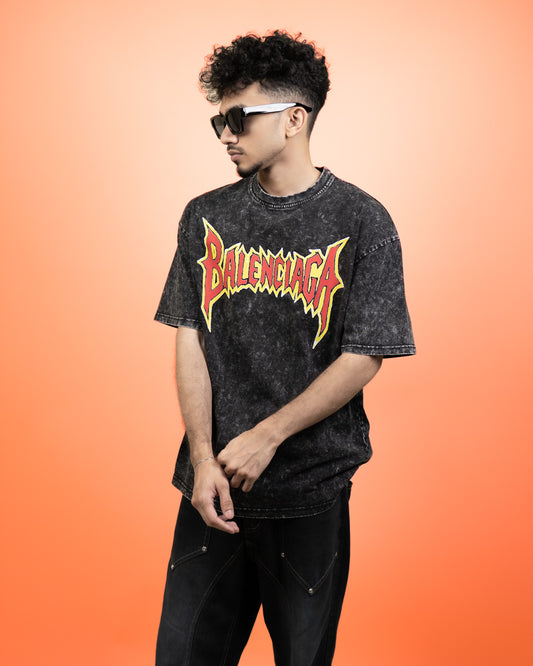 ''BALENCIAGA'' Oversized Heavyweight Drop Shoulder T-Shirt In Acid Wash Black.