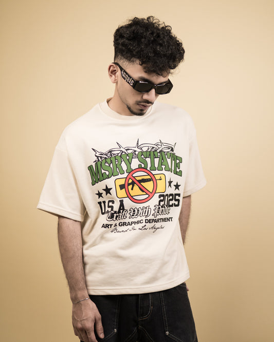 ''MSRY STATE'' Oversized Heavyweight Drop Shoulder T-Shirt In Cream.