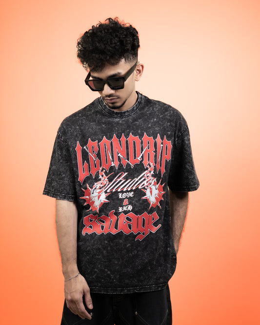 ''LEON DRIP'' Oversized Heavyweight Drop Shoulder T-Shirt In Acid Wash Black.