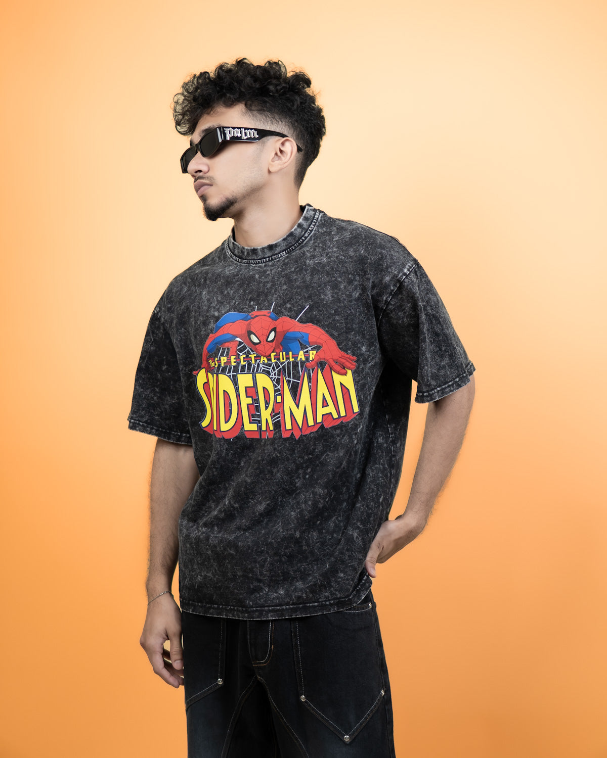 ''SPIDERMAN'' Oversized Heavyweight Drop Shoulder T-Shirt In Acid Wash Black.